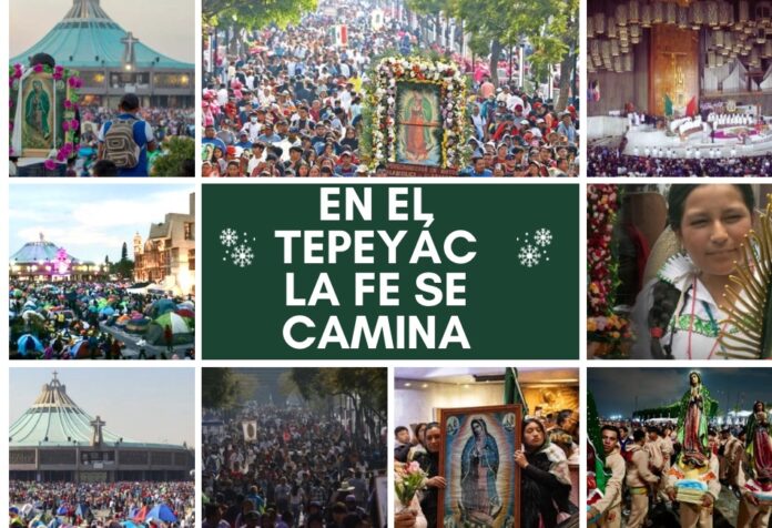 El el Tepeyác la fe se camina Multitud de peregrinos reunidos en la Basílica de Guadalupe durante la celebración del 12 de diciembre, con fieles caminando y rezando en el atrio.