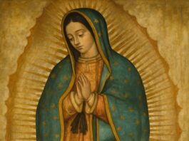El Magnificat: una clave para comprender el mensaje guadalupano Imagen de la Virgen de Guadalupe en actitud de oración, con manto azul estrellado y resplandor dorado, símbolo de humildad, esperanza y fe encarnada en México.