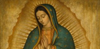 El Magnificat: una clave para comprender el mensaje guadalupano Imagen de la Virgen de Guadalupe en actitud de oración, con manto azul estrellado y resplandor dorado, símbolo de humildad, esperanza y fe encarnada en México.