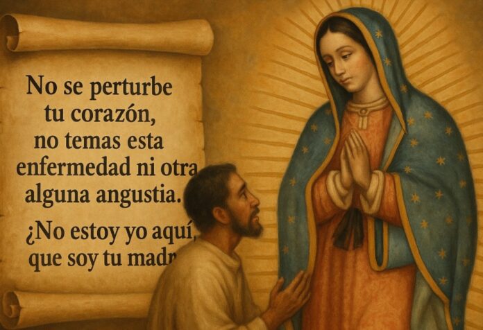 Nican Mopohua Ilustración horizontal de la Virgen de Guadalupe dialogando con san Juan Diego, junto a un pergamino con la frase “¿No estoy yo aquí, que soy tu madre?”, inspirada en el Nican Mopohua.