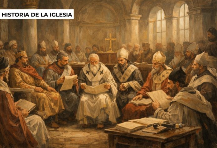 Ilustración del Concilio de Nicea con obispos reunidos en asamblea leyendo textos y dialogando sobre la fe cristiana en el siglo IV.