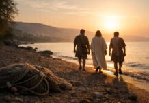 Dejar las redes para seguir a Cristo Jesús camina junto al lago con dos pescadores al amanecer, mientras unas redes de pesca quedan en la orilla iluminadas por la luz.
