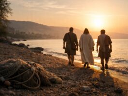 Dejar las redes para seguir a Cristo Jesús camina junto al lago con dos pescadores al amanecer, mientras unas redes de pesca quedan en la orilla iluminadas por la luz.