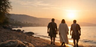 Dejar las redes para seguir a Cristo Jesús camina junto al lago con dos pescadores al amanecer, mientras unas redes de pesca quedan en la orilla iluminadas por la luz.