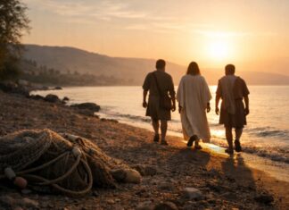 Dejar las redes para seguir a Cristo Jesús camina junto al lago con dos pescadores al amanecer, mientras unas redes de pesca quedan en la orilla iluminadas por la luz.