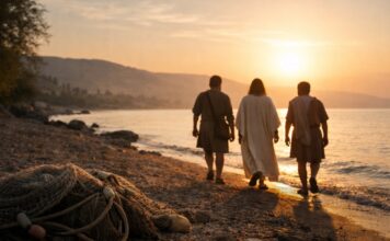 Dejar las redes para seguir a Cristo Jesús camina junto al lago con dos pescadores al amanecer, mientras unas redes de pesca quedan en la orilla iluminadas por la luz.