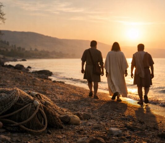Dejar las redes para seguir a Cristo Jesús camina junto al lago con dos pescadores al amanecer, mientras unas redes de pesca quedan en la orilla iluminadas por la luz.