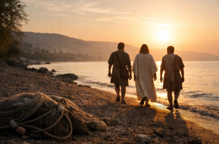 Dejar las redes para seguir a Cristo Jesús camina junto al lago con dos pescadores al amanecer, mientras unas redes de pesca quedan en la orilla iluminadas por la luz.