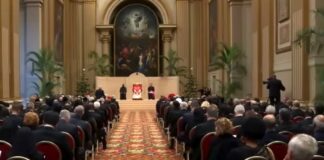 Papa León XIV advierte sobre el retorno de la guerra y pide reforzar el multilateralismo El Papa León XIV sentado en el centro de una gran sala del Vaticano, frente a decenas de diplomáticos y representantes internacionales reunidos en audiencia oficial.