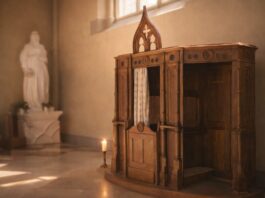 El sacramento de la Reconciliación no busca filas en los confesionarios, sino corazones transformados Confesionario de madera en una iglesia, iluminado por luz natural y una vela encendida, que sugiere silencio, acogida y posibilidad de reconciliación.