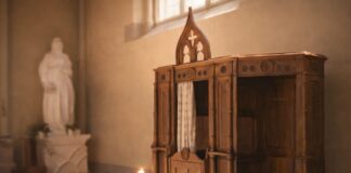 El sacramento de la Reconciliación no busca filas en los confesionarios, sino corazones transformados Confesionario de madera en una iglesia, iluminado por luz natural y una vela encendida, que sugiere silencio, acogida y posibilidad de reconciliación.