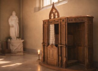 El sacramento de la Reconciliación no busca filas en los confesionarios, sino corazones transformados Confesionario de madera en una iglesia, iluminado por luz natural y una vela encendida, que sugiere silencio, acogida y posibilidad de reconciliación.