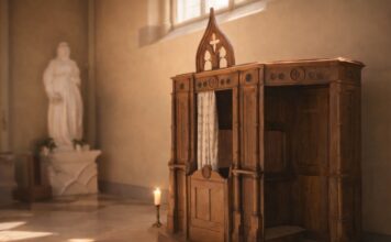 El sacramento de la Reconciliación no busca filas en los confesionarios, sino corazones transformados Confesionario de madera en una iglesia, iluminado por luz natural y una vela encendida, que sugiere silencio, acogida y posibilidad de reconciliación.