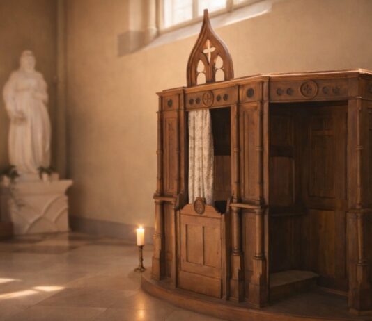 El sacramento de la Reconciliación no busca filas en los confesionarios, sino corazones transformados Confesionario de madera en una iglesia, iluminado por luz natural y una vela encendida, que sugiere silencio, acogida y posibilidad de reconciliación.