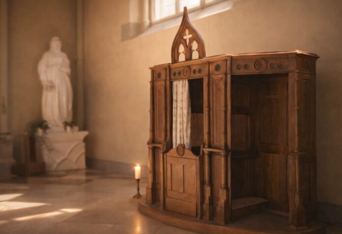 Confesionario de madera en una iglesia, iluminado por luz natural y una vela encendida, que sugiere silencio, acogida y posibilidad de reconciliación.