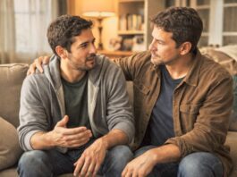 Misericordia: una forma católica de vivir la fe Dos hombres de rasgos latinos conversan sentados en la sala de una casa de clase media; uno escucha con atención mientras pone su mano en el hombro del otro, en un gesto de acompañamiento y cercanía que simboliza la misericordia vivida en la vida diaria.