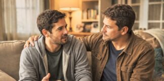 Misericordia: una forma católica de vivir la fe Dos hombres de rasgos latinos conversan sentados en la sala de una casa de clase media; uno escucha con atención mientras pone su mano en el hombro del otro, en un gesto de acompañamiento y cercanía que simboliza la misericordia vivida en la vida diaria.