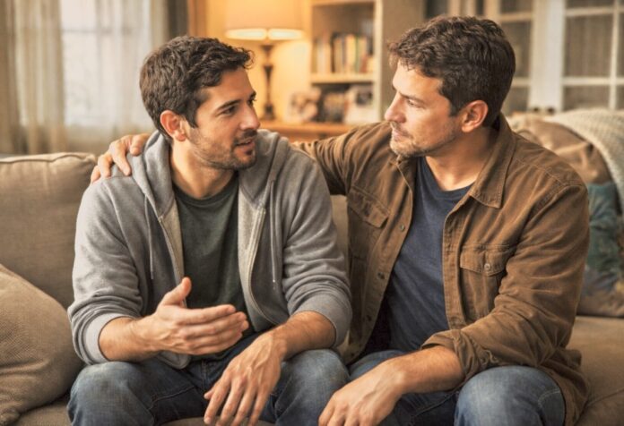 Dos hombres de rasgos latinos conversan sentados en la sala de una casa de clase media; uno escucha con atención mientras pone su mano en el hombro del otro, en un gesto de acompañamiento y cercanía que simboliza la misericordia vivida en la vida diaria.