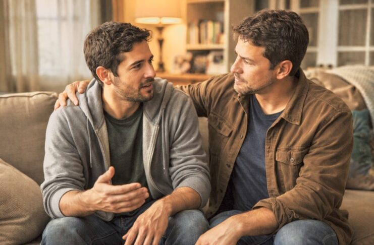Misericordia: una forma católica de vivir la fe Dos hombres de rasgos latinos conversan sentados en la sala de una casa de clase media; uno escucha con atención mientras pone su mano en el hombro del otro, en un gesto de acompañamiento y cercanía que simboliza la misericordia vivida en la vida diaria.