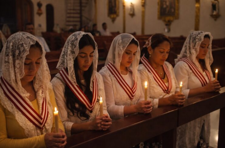 La Iglesia que vela cuando el mundo duerme Grupo de mujeres mexicanas en una iglesia, con velo blanco y velas encendidas, orando en silencio durante una vigilia de adoración eucarística nocturna.