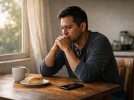 Cuaresma: no es a lo que renuncias sino en quién te conviertes Hombre mexicano sentado en una mesa sencilla junto a una ventana con luz de la mañana, en actitud de reflexión. Sobre la mesa hay una taza de café, un trozo de pan y un teléfono celular boca abajo.