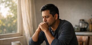 Cuaresma: no es a lo que renuncias sino en quién te conviertes Hombre mexicano sentado en una mesa sencilla junto a una ventana con luz de la mañana, en actitud de reflexión. Sobre la mesa hay una taza de café, un trozo de pan y un teléfono celular boca abajo.