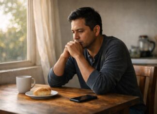 Cuaresma: no es a lo que renuncias sino en quién te conviertes Hombre mexicano sentado en una mesa sencilla junto a una ventana con luz de la mañana, en actitud de reflexión. Sobre la mesa hay una taza de café, un trozo de pan y un teléfono celular boca abajo.