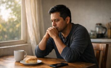 Cuaresma: no es a lo que renuncias sino en quién te conviertes Hombre mexicano sentado en una mesa sencilla junto a una ventana con luz de la mañana, en actitud de reflexión. Sobre la mesa hay una taza de café, un trozo de pan y un teléfono celular boca abajo.