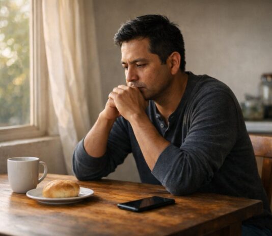 Cuaresma: no es a lo que renuncias sino en quién te conviertes Hombre mexicano sentado en una mesa sencilla junto a una ventana con luz de la mañana, en actitud de reflexión. Sobre la mesa hay una taza de café, un trozo de pan y un teléfono celular boca abajo.