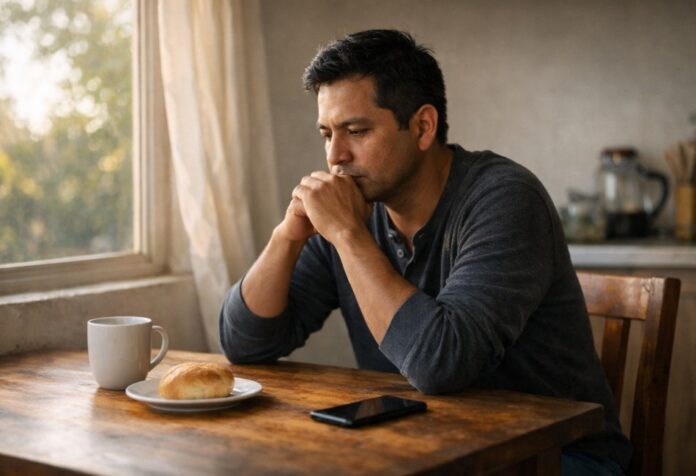 Hombre mexicano sentado en una mesa sencilla junto a una ventana con luz de la mañana, en actitud de reflexión. Sobre la mesa hay una taza de café, un trozo de pan y un teléfono celular boca abajo.