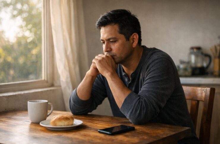 Cuaresma: no es a lo que renuncias sino en quién te conviertes Hombre mexicano sentado en una mesa sencilla junto a una ventana con luz de la mañana, en actitud de reflexión. Sobre la mesa hay una taza de café, un trozo de pan y un teléfono celular boca abajo.