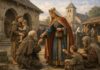 Santa Matilde, reina y madre que convirtió el poder en servicio Reina medieval entregando limosna a personas pobres en el patio de un monasterio, escena inspirada en la vida de Santa Matilde de Sajonia.