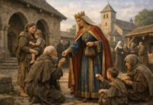 Santa Matilde, reina y madre que convirtió el poder en servicio Reina medieval entregando limosna a personas pobres en el patio de un monasterio, escena inspirada en la vida de Santa Matilde de Sajonia.