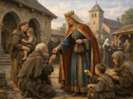 Santa Matilde, reina y madre que convirtió el poder en servicio Reina medieval entregando limosna a personas pobres en el patio de un monasterio, escena inspirada en la vida de Santa Matilde de Sajonia.
