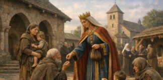 Santa Matilde, reina y madre que convirtió el poder en servicio Reina medieval entregando limosna a personas pobres en el patio de un monasterio, escena inspirada en la vida de Santa Matilde de Sajonia.