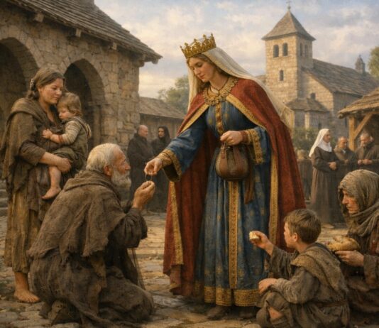 Santa Matilde, reina y madre que convirtió el poder en servicio Reina medieval entregando limosna a personas pobres en el patio de un monasterio, escena inspirada en la vida de Santa Matilde de Sajonia.