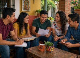 La misión de los laicos es el corazón de la Iglesia en el mundo Grupo de jóvenes latinoamericanos reunidos en un espacio acogedor, conversando y compartiendo textos en un ambiente comunitario.