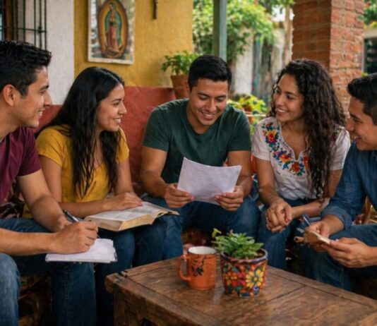 La misión de los laicos es el corazón de la Iglesia en el mundo Grupo de jóvenes latinoamericanos reunidos en un espacio acogedor, conversando y compartiendo textos en un ambiente comunitario.