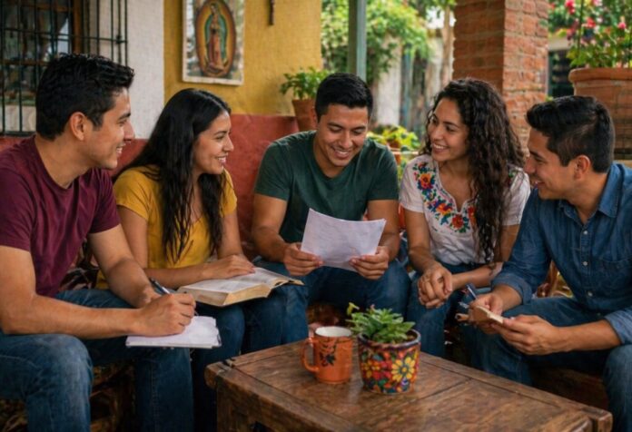 Grupo de jóvenes latinoamericanos reunidos en un espacio acogedor, conversando y compartiendo textos en un ambiente comunitario.