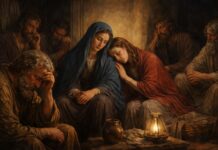 Sábado Santo: por qué la Iglesia dejó de decir “Sábado de Gloria” Escena bíblica de María, los apóstoles y María Magdalena reunidos en un ambiente oscuro y silencioso tras la muerte de Jesús, mostrando tristeza, recogimiento y espera.