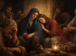 Sábado Santo: por qué la Iglesia dejó de decir “Sábado de Gloria” Escena bíblica de María, los apóstoles y María Magdalena reunidos en un ambiente oscuro y silencioso tras la muerte de Jesús, mostrando tristeza, recogimiento y espera.