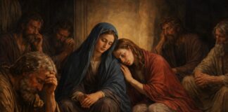 Sábado Santo: por qué la Iglesia dejó de decir “Sábado de Gloria” Escena bíblica de María, los apóstoles y María Magdalena reunidos en un ambiente oscuro y silencioso tras la muerte de Jesús, mostrando tristeza, recogimiento y espera.