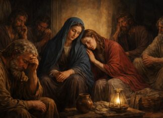 Sábado Santo: por qué la Iglesia dejó de decir “Sábado de Gloria” Escena bíblica de María, los apóstoles y María Magdalena reunidos en un ambiente oscuro y silencioso tras la muerte de Jesús, mostrando tristeza, recogimiento y espera.