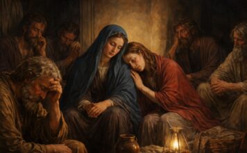 Sábado Santo: por qué la Iglesia dejó de decir “Sábado de Gloria” Escena bíblica de María, los apóstoles y María Magdalena reunidos en un ambiente oscuro y silencioso tras la muerte de Jesús, mostrando tristeza, recogimiento y espera.