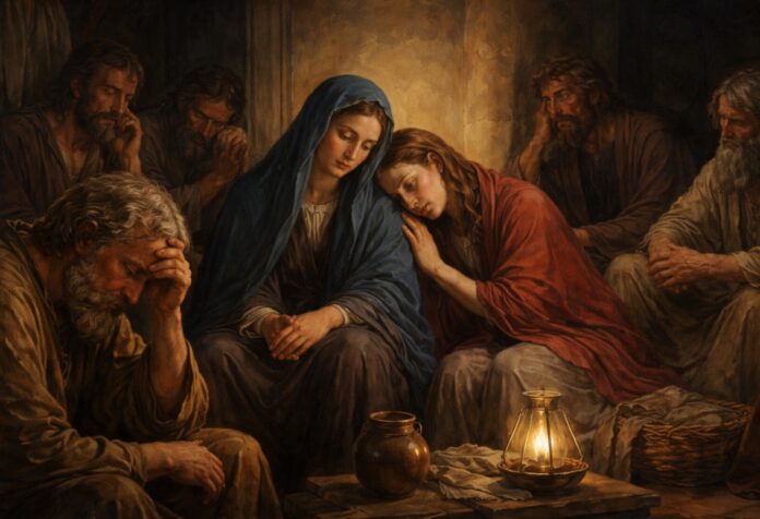 Escena bíblica de María, los apóstoles y María Magdalena reunidos en un ambiente oscuro y silencioso tras la muerte de Jesús, mostrando tristeza, recogimiento y espera.