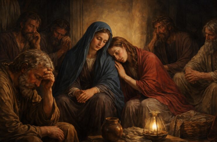 Sábado Santo: por qué la Iglesia dejó de decir “Sábado de Gloria” Escena bíblica de María, los apóstoles y María Magdalena reunidos en un ambiente oscuro y silencioso tras la muerte de Jesús, mostrando tristeza, recogimiento y espera.