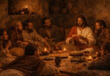 Jueves Santo: el amor se hace entrega Jesús y los doce apóstoles reunidos alrededor de una mesa baja, recostados sobre cojines en una habitación de piedra iluminada por pequeñas lámparas de aceite, durante la Última Cena.