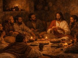 Jueves Santo: el amor se hace entrega Jesús y los doce apóstoles reunidos alrededor de una mesa baja, recostados sobre cojines en una habitación de piedra iluminada por pequeñas lámparas de aceite, durante la Última Cena.