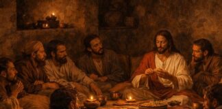Jueves Santo: el amor se hace entrega Jesús y los doce apóstoles reunidos alrededor de una mesa baja, recostados sobre cojines en una habitación de piedra iluminada por pequeñas lámparas de aceite, durante la Última Cena.