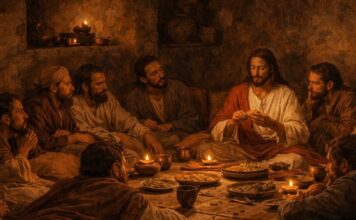 Jueves Santo: el amor se hace entrega Jesús y los doce apóstoles reunidos alrededor de una mesa baja, recostados sobre cojines en una habitación de piedra iluminada por pequeñas lámparas de aceite, durante la Última Cena.
